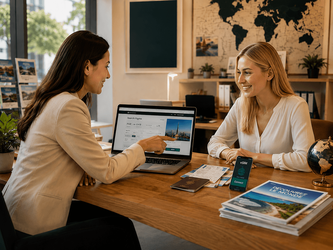 Eine Reisebüro-Beraterin und ihre Kundin planen am Laptop eine Reise.